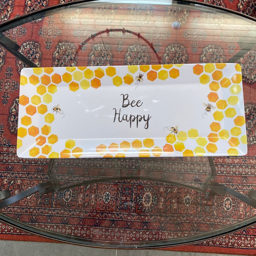 Shabby Chic “Bee‎ Happy” Yellow & Gold on White Melamine Tray ~19”x8”